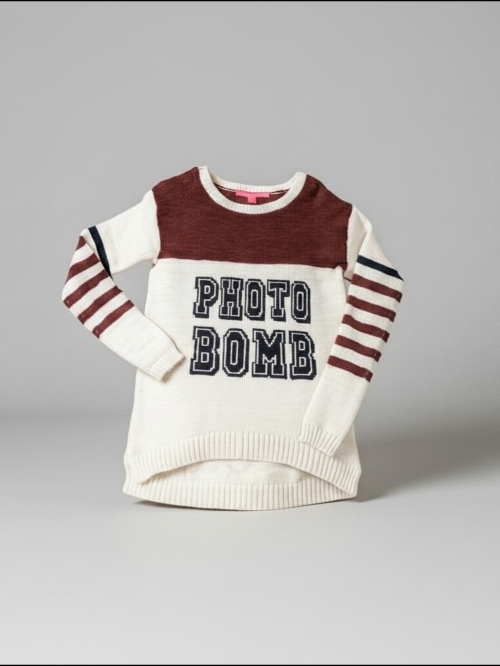Rebellious One Cream & Burgundy PHOTO BOMB Knit Pullover Sz M
